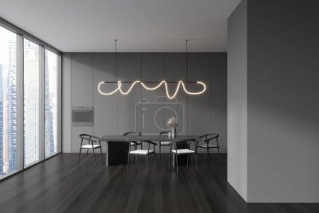 Photo for Front view on dark dining room interior with dinner table with armchairs, panoramic window, grey wall, oak wooden floor, oven, lamp. Concept of minimalist design. Place for eating. 3d rendering - Royalty Free Image