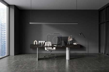 Photo for Dark business room interior with pc computer on work desk, grey concrete floor. Sideboard with documents and decoration, panoramic window on city view. 3D rendering - Royalty Free Image