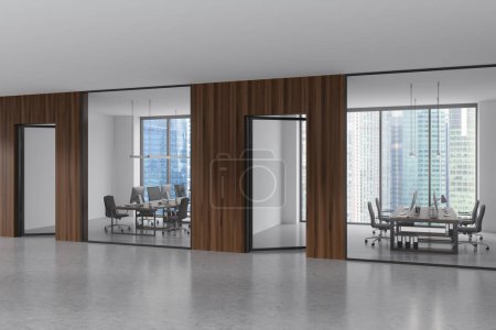 Photo for Coworking interior with armchairs and pc computer on desk, side view, glass doors. Light office hall with panoramic window on Singapore city view. 3D rendering - Royalty Free Image