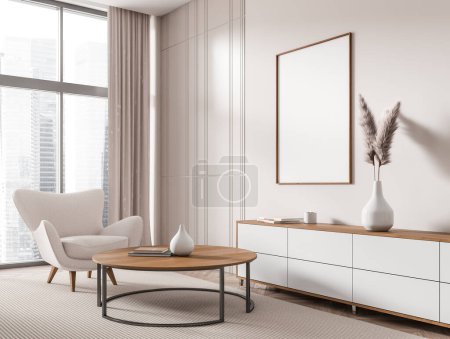 Photo for Beige living room interior armchair and sideboard, side view, coffee table with books and decoration on carpet. Panoramic window on Singapore. Mock up canvas poster. 3D rendering - Royalty Free Image