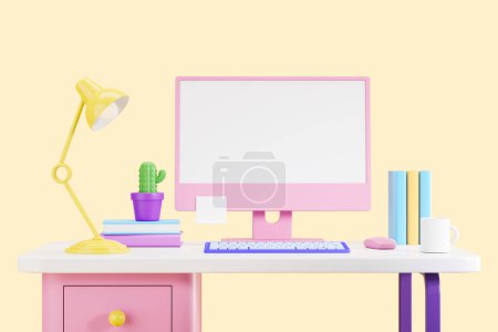 Photo for Cartoon home office, work desk with pc computer, lamp with books yellow background. Concept of freelance. Mockup copy space screen. 3D rendering - Royalty Free Image