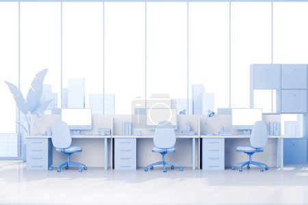 Foto de Interior de coworking de dibujos animados con sillones, ordenador PC en el escritorio y suelo blanco. Oficina de espacio abierto con ventana panorámica en vista a la ciudad. Pantalla de espacio de copia de burla. Renderizado 3D - Imagen libre de derechos