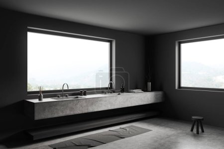 Téléchargez les photos : Intérieur salle de bain sombre avec double lavabo et fenêtre panoramique, vue latérale, tabouret sur sol béton gris. Pont avec accessoires de bain de l'hôtel. rendu 3D - en image libre de droit