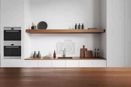 Photo for White kitchen interior with bar island, sink and kitchenware on wooden deck. Stylish cooking area in modern hotel apartment. 3D rendering - Royalty Free Image