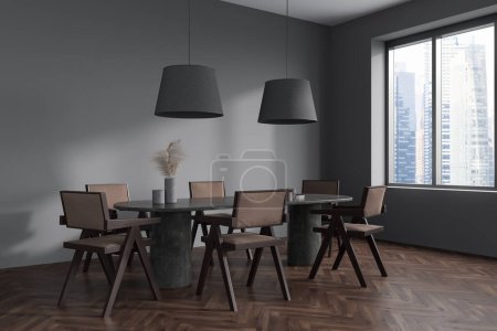 Photo for Corner view on dark living room interior with dining table with chairs, grey wall, panoramic window, vase, oak wooden hardwood floor. Concept of minimalist design. 3d rendering - Royalty Free Image