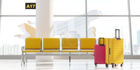 Téléchargez les photos : Salle d'attente de l'aéroport, sièges jaunes avec deux valises. Avion volant dans des fenêtres panoramiques, gratte-ciel Kuala Lumpur. Concept de voyage et bagages. Illustration de rendu 3D - en image libre de droit