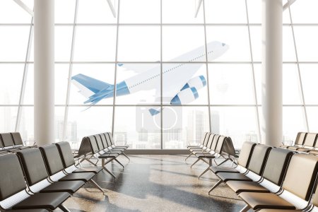 Photo for View of airport with chairs, columns and flying white and blue airplane. Concept of tourism and travel. 3d rendering - Royalty Free Image