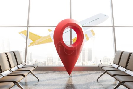 Foto de Área de espera del aeropuerto, asientos y gran pin de marca de ubicación roja, geo tag y avión volador en el fondo de los rascacielos Kuala Lumpur. Concepto de turismo y destino. Ilustración de representación 3D - Imagen libre de derechos