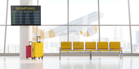 Téléchargez les photos : Aire d'attente de l'aéroport avec sièges jaunes et deux valises, écran de départ et avion volant dans des fenêtres panoramiques, gratte-ciel Kuala Lumpur. Concept de vol. Illustration de rendu 3D - en image libre de droit