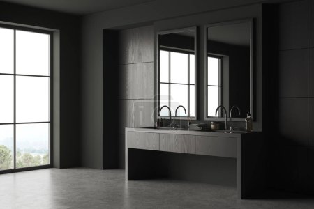 Photo for Dark bathroom interior with dresser and double sink with mirrors, side view grey concrete floor. Panoramic window on countryside. 3D rendering - Royalty Free Image