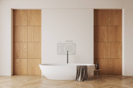 Téléchargez les photos : Intérieur salle de bain beige et bois avec baignoire et tabouret avec accessoires, parquet. Zone de baignade moderne de l'hôtel et simuler l'espace de copie mur vide. rendu 3D - en image libre de droit