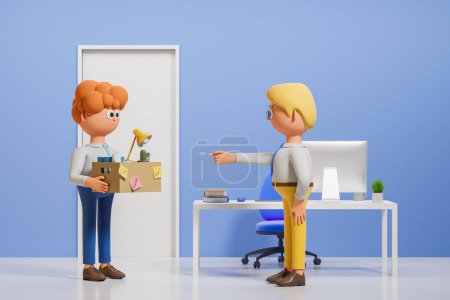 Photo for 3d rendering. Cartoon man character finger pointing and firing employer, office box with supplies in workplace with desk. Concept of dismissal and failure illustration - Royalty Free Image