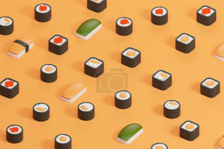 Téléchargez les photos : Ensemble de différents maki et gunkan sushi roll avec saumon, caviar et avocat sur fond orange. Concept de livraison de nourriture et cuisine japonaise. Illustration de rendu 3D - en image libre de droit