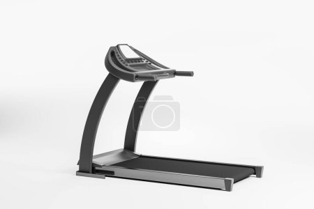 Photo for Black modern treadmill, side view on empty copy space white background. Mock up blank display. Concept of running, sports, activity and gym. 3D rendering illustration - Royalty Free Image