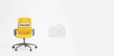 Téléchargez les photos : Fauteuil de bureau jaune avec bannière vide sur fond blanc vide d'espace de copie. Concept de carrière, recrutement, poste vacant et ressources humaines. Illustration de rendu 3D - en image libre de droit