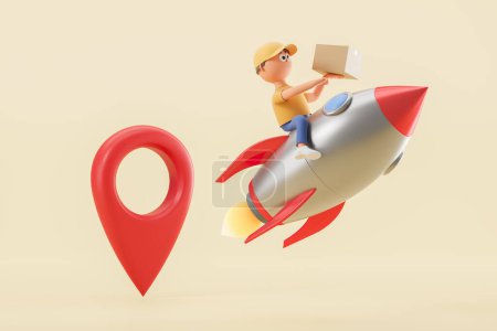Photo for 3d rendering. Cartoon character man courier on flying rocket with carton parcel, large red geo tag. Concept of fast delivery service, navigation and shipping illustration - Royalty Free Image