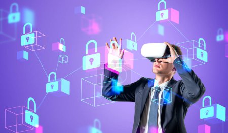 Photo for Businessman in vr headset hands touching glowing padlock icons. Business information and confidential data in cyberspace. Concept of cybersecurity and futuristic technology - Royalty Free Image