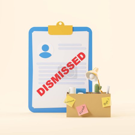 Photo for Big clipboard with CV information and dismissed red stamp, cardboard box with office supplies on beige background. Concept of fired, dismissal and crisis. 3D rendering illustration - Royalty Free Image