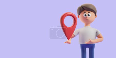 Foto de Renderizado 3d. Personaje de dibujos animados hombre sosteniendo y apuntando a un geo tag rojo, de pie en el espacio de copia de fondo púrpura vacío. Concepto de viaje, navegación e ilustración de la ubicación - Imagen libre de derechos