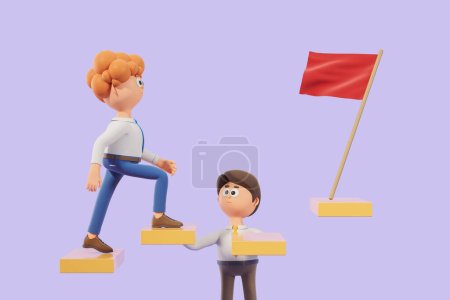 3d rendering. Cartoon character boss helping employer climb up stairs on purple background. Concept of team leader, help and goal achievement illustration