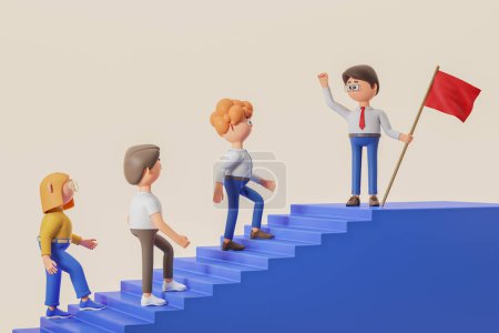 Photo for 3d rendering. Cartoon character man with red flag leading people, going up stairs on beige background. Concept of team leader, common goal and achievement illustration - Royalty Free Image