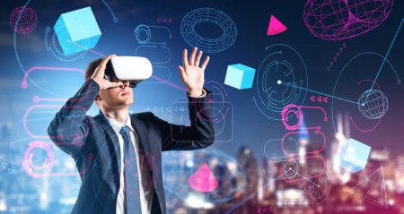 Photo for Portrait of young businessman in VR glasses using metaverse interface in blurry city. Concept of cyberspace and hi tech - Royalty Free Image