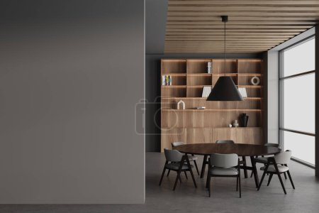 Photo for Dark business interior with armchairs and conference board, grey concrete floor. Shelf with documents and panoramic window. Mockup empty wall partition. 3D rendering - Royalty Free Image