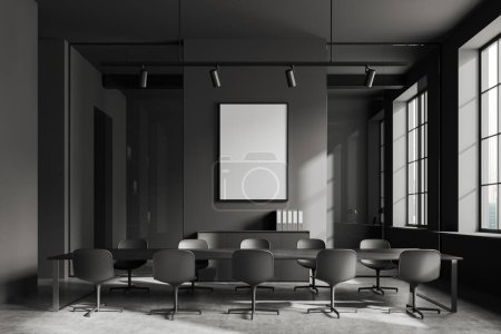 Photo for Dark office interior with meeting board, chairs and sideboard. Conference room with modern furniture and panoramic window. Mock up canvas poster. 3D rendering - Royalty Free Image