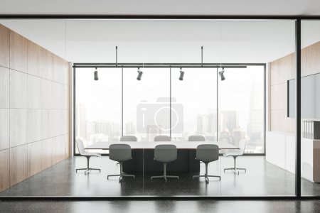 Foto de Moderno interior de la conferencia con sillas y tablero, puertas de vidrio y piso de hormigón gris azulejo. Sala de conferencias con ventana panorámica en rascacielos de negocios. Renderizado 3D - Imagen libre de derechos