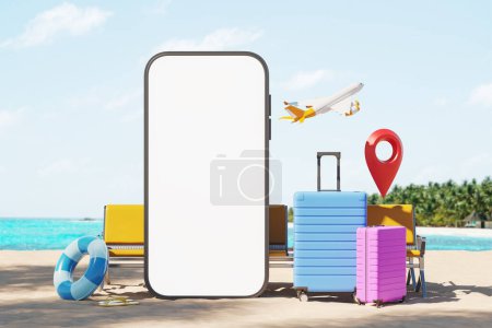 Smartphone mock up blank display, waiting seats, airplane and suitcases on beach. Concept of vacation and online ticket booking, hotel resort and relax. 3D rendering illustration