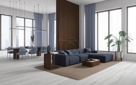 Foto de Interior de la sala de estar casa azul y blanca con zona de salón y esquina de reunión, partición de madera y suelo de madera. Mesa de cena con sillas y ventana panorámica sobre rascacielos. Renderizado 3D - Imagen libre de derechos