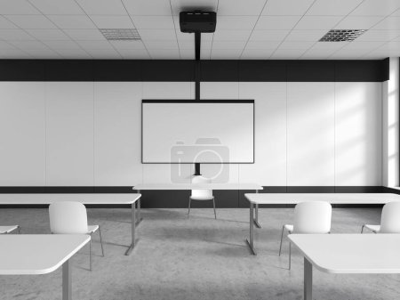 Téléchargez les photos : Intérieur de l'école moderne salle de classe avec murs blancs, sol en béton, rangées de tables blanches avec chaises et écran de projection maquette. Rendu 3d - en image libre de droit