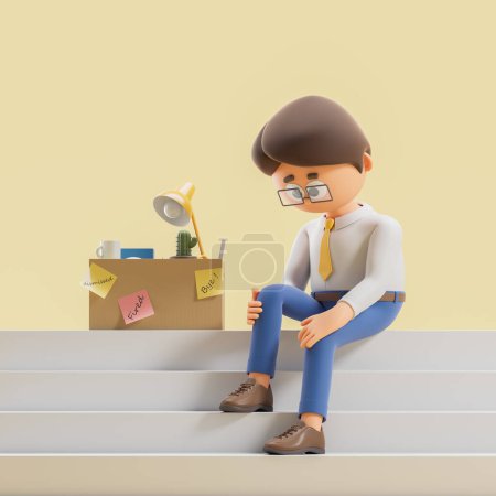 Foto de Renderizado 3d. Personaje de hombre de dibujos animados sentado en las escaleras con herramientas de oficina, triste e indefenso sobre fondo amarillo. Concepto de despido, desempleo e ilustración desestimada - Imagen libre de derechos
