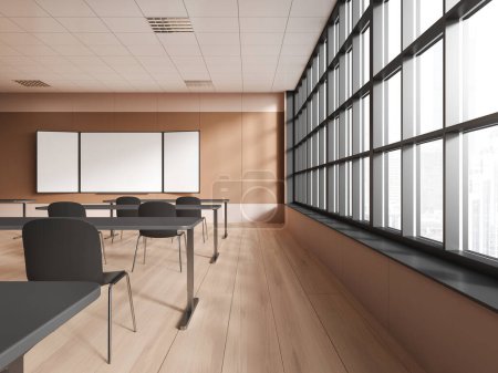 Photo for Minimalist classroom interior with table and chairs in row, mock up copy space empty blackboard. Wooden education room with panoramic window on city view. 3D rendering - Royalty Free Image