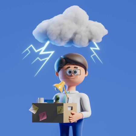 Foto de Renderizado 3d. Personaje de hombre de dibujos animados despedido con caja de oficina y suministros, nube de tormenta con relámpagos sobre fondo azul oscuro. Concepto de despido y pérdida de empleo ilustración - Imagen libre de derechos