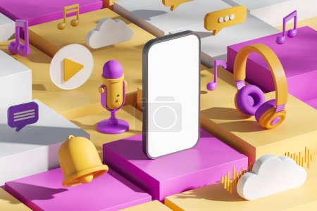 Photo for Phone mock up blank display, headphones, microphone and music notes icons on platform. Concept of streaming service, subscription and mobile app. 3D rendering illustration - Royalty Free Image