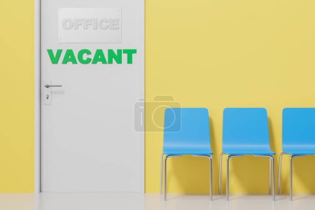Photo for Row of blue chairs in business hallway, office door with vacant sign. Concept of recruitment, interview, vacancy and candidate. 3D rendering illustration - Royalty Free Image