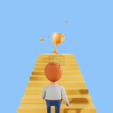 Foto de Renderizado 3d. Hombre personaje de dibujos animados pisando escalera de carrera amarilla, copa campeona en la parte superior, fondo azul. Concepto de desarrollo, trabajo e ilustración de recompensas - Imagen libre de derechos