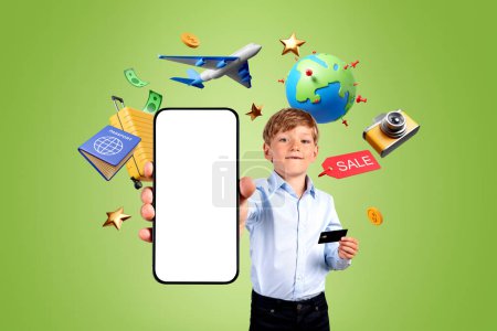 Photo for Child holding mock up phone screen and credit card, purchase and book online tickets and tour, diverse holiday icons. Concept of online shopping, travel and tourism - Royalty Free Image