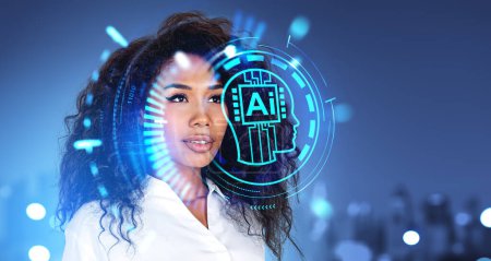 Photo for Portrait of beautiful young African American businesswoman in city with double exposure of immersive AI interface. Concept of machine learning - Royalty Free Image