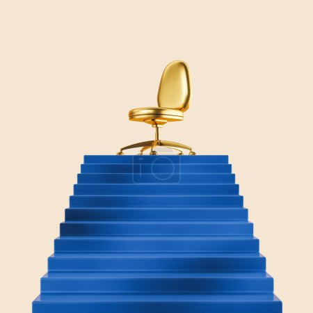Téléchargez les photos : Vue de l'escalier bleu avec chaise en or debout sur le dessus sur fond jaune. Concept d'échelle de carrière et de succès. Rendu 3d - en image libre de droit