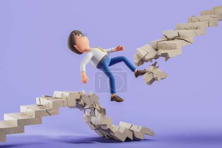 Foto de Hombre de negocios de dibujos animados cayendo en escalera rota sobre fondo púrpura. Concepto de fracaso y crisis. renderizado 3d - Imagen libre de derechos
