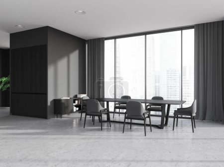 Corner of stylish dining room with gray walls, concrete floor and long dining table with gray chairs standing near panoramic window. 3d rendering
