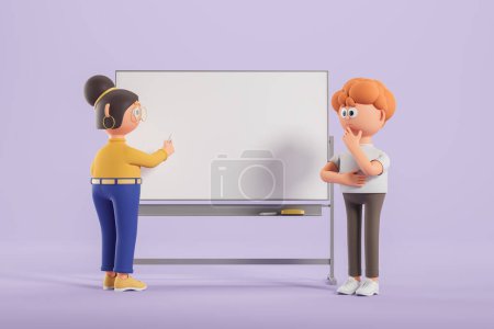 Téléchargez les photos : Cartoon étudiant homme et femme professeur debout près du tableau blanc sur fond violet. Concept d'éducation. Rendu 3d - en image libre de droit