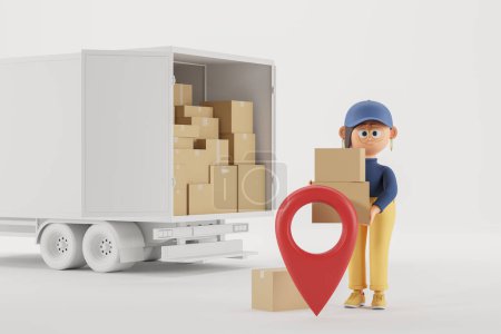Photo for Cartoon courier woman with boxes and geotag standing near truck. Concept of goods delivery and logistics. 3d rendering - Royalty Free Image