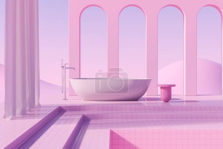 Téléchargez les photos : Extérieur abstrait avec baignoire et table, grand arc rose sur fond paysage, podium carrelage et rideaux. Concept de salle de bain. rendu 3D - en image libre de droit