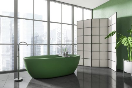 Photo for Corner view on dark bathroom interior with bathtub, panoramic window with Singapore city view, partition, plant, green walls, concrete tile floor. Concept of water treatment. 3d rendering - Royalty Free Image