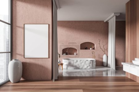 Téléchargez les photos : Intérieur de salle de bain beige avec baignoire, accessoires de bain et décoration. Studio d'hôtel avec fenêtre panoramique sur Singapour. Affiche de maquette. rendu 3D - en image libre de droit