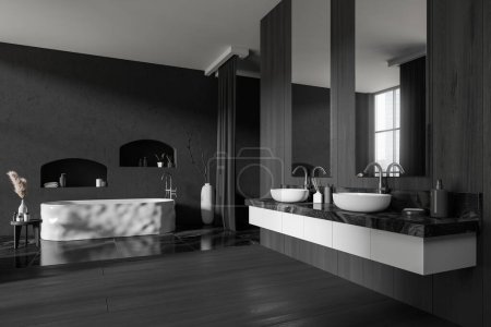 Photo for Dark bathroom interior with double sink and bathtub, side view, window on city view. Art decoration and hotel bath accessories. 3D rendering - Royalty Free Image