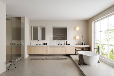 Photo for Beige bathroom interior with bathtub on concrete podium. Double sink with mirror, shower and dresser with decoration. Panoramic window on tropics. 3D rendering - Royalty Free Image